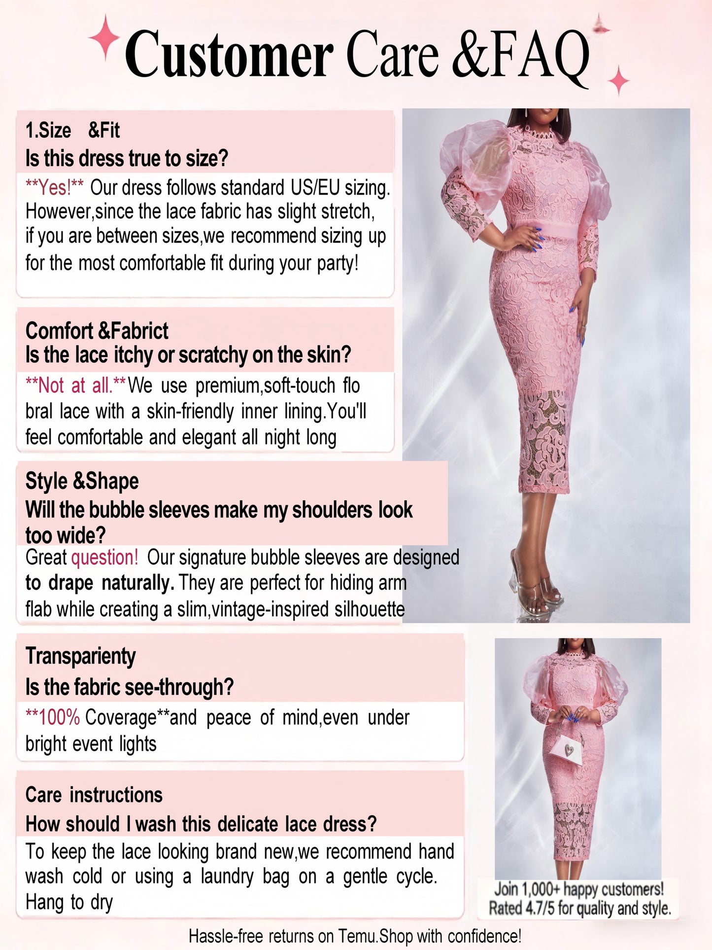 Plus Size, New Arrival Women's Lace-Trimmed Bubble Sleeve Party Dress with Round Neckline And Three-Quarter Length Sleeves
