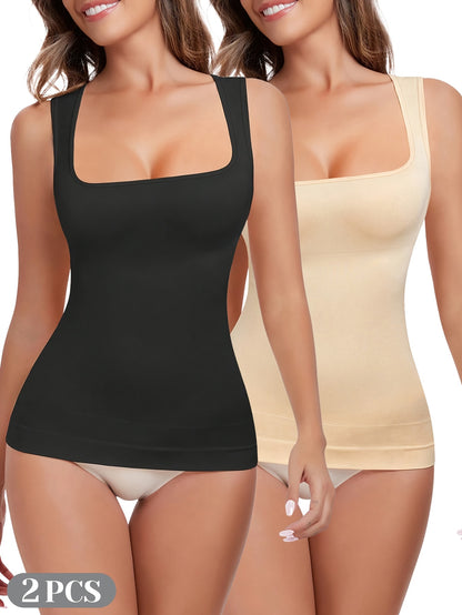 [2pcs Tummy Control Shapewear] 2pcs Durable & Comfortable Tummy Control Shapewear Compression Tank Tops For Women | Seamless Square Neck Body Shaper Camisole, Breathable, Suitable For Daily Casual Wear, Shopping, Parties, Dates & Festivals