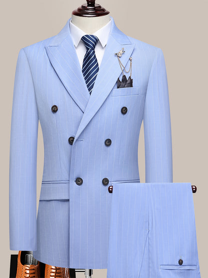 Latest Men's Suit Striped Double-Breasted Suit Spring/ Summer/ Autumn Thin Two-Piece Set with Frill Collar Striped Style Four Buttons Suit Business And Casual Dress Collar Necklace Decoration Slimming Dress Casual Suit White Suit