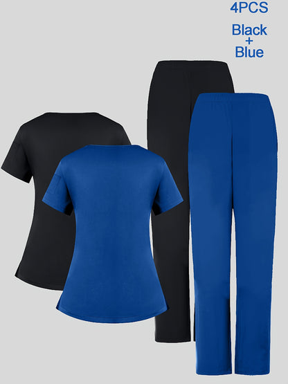4pcs Set for Women'S V-Neck Matte Breathable Uniform Pocket Hand Washing Work Clothes Brush Hand Clothes Clothes Pants Set