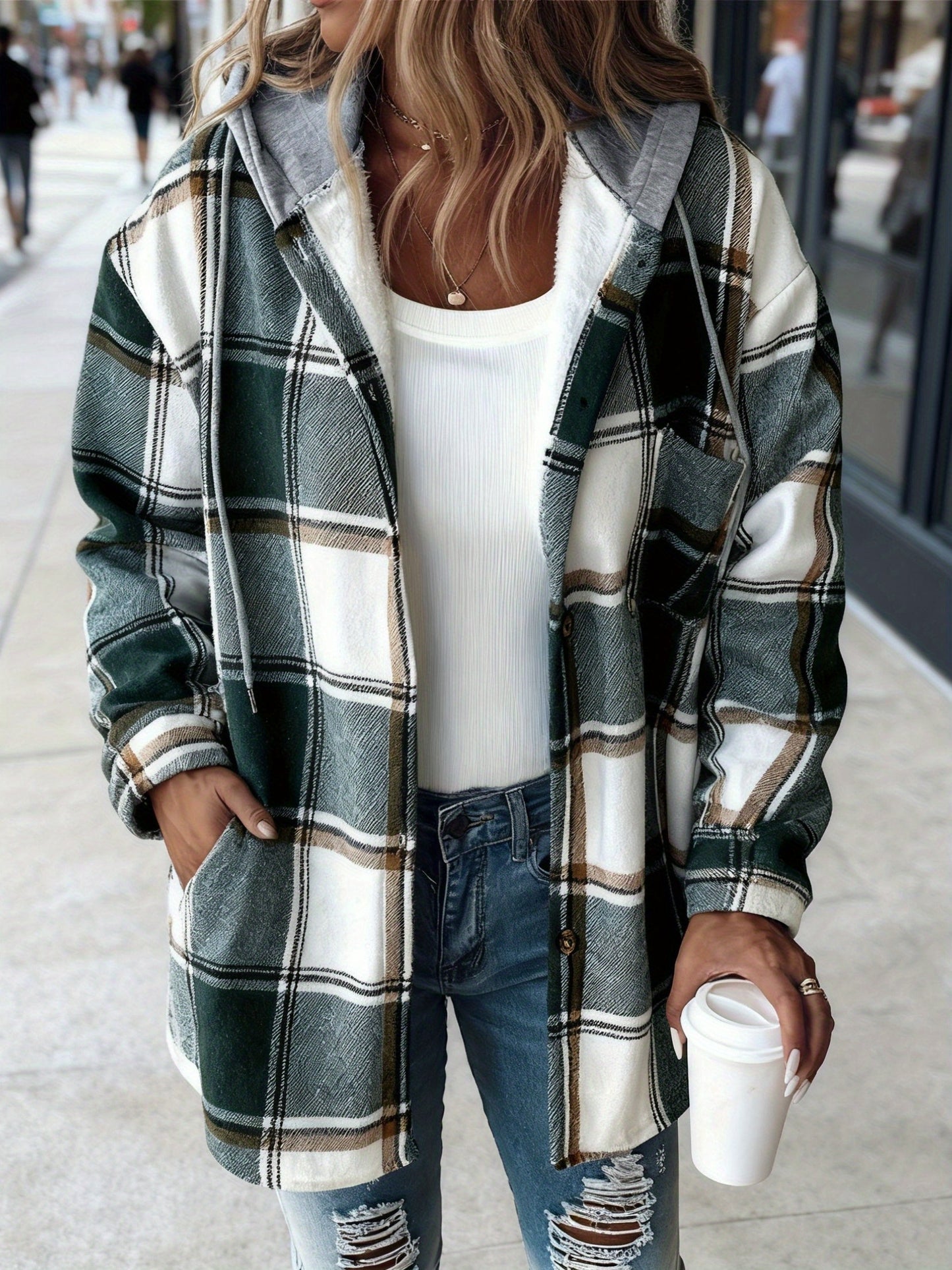Plaid Hooded Jacket for Women Featuring a Lining, Perfect for Chilly Fall And Winter Days. It Has an Adjustable Hood And a Button-Front Closure, And Is Machine Washable. Available in Brown, Beige, White, And Black