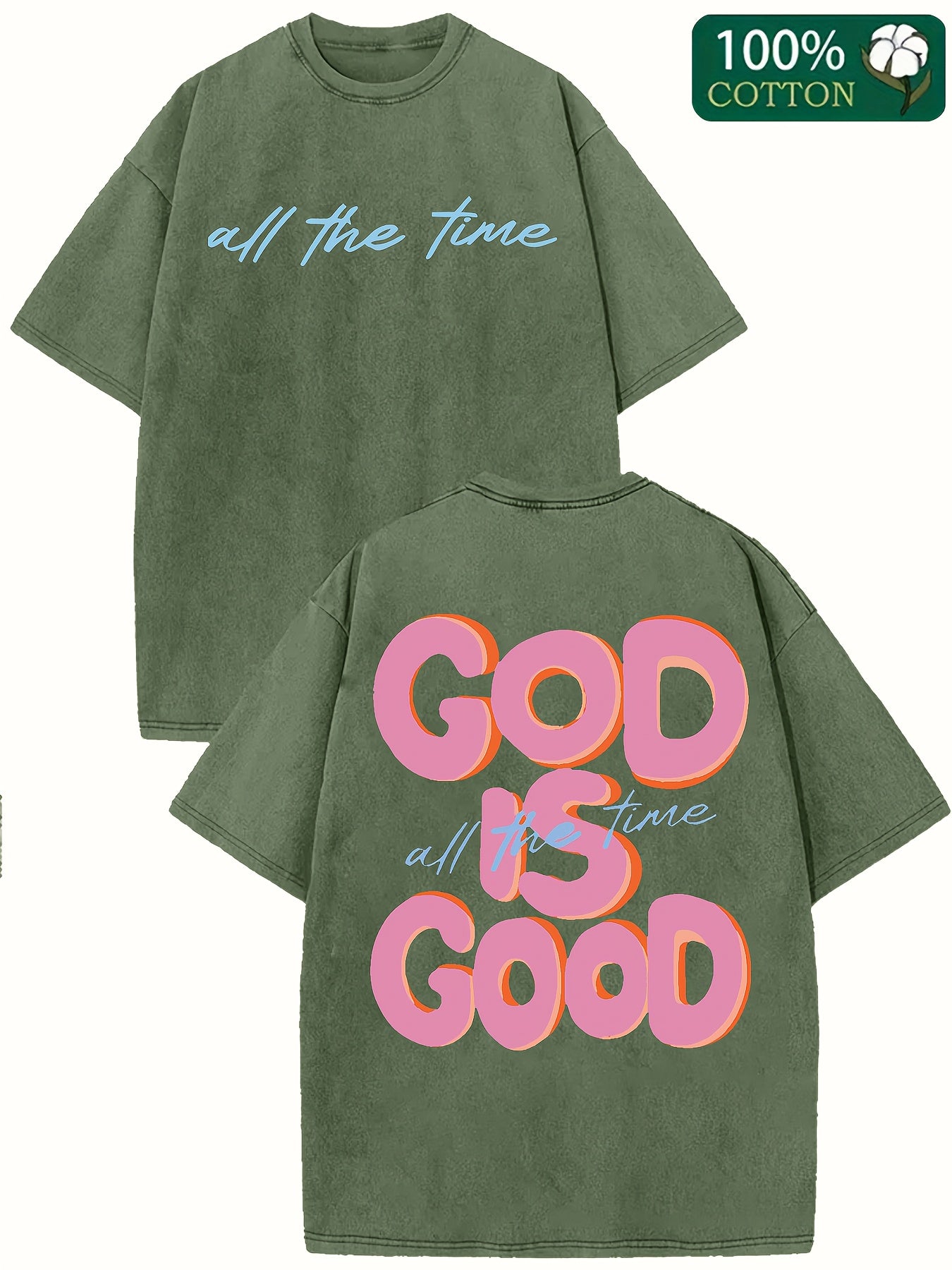 A 250G Washed Short-Sleeve Top with a Round Neck Featuring The Phrase 'GOD IS GOOD', Showcasing a Unique Double-Sided Design. This Is a New Collection for Spring And Summer Suitable for Both Men And Women