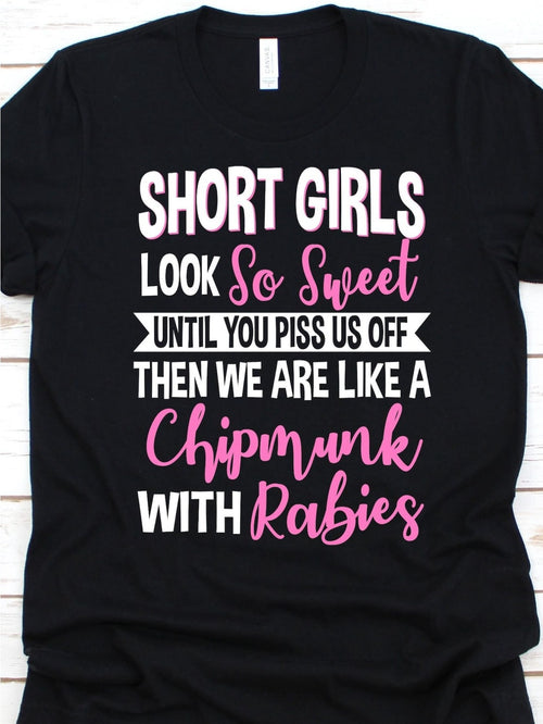 Short Look Sweet Until You Mess with Us- Casual Crew Neck T-Shirt for Women Lightweight Washable Perfect Gift for Short Women Short Sleeve Design with Funny Text Everyday T-Shirt| T-shirt with Interesting Text| Lightweight T-shirt