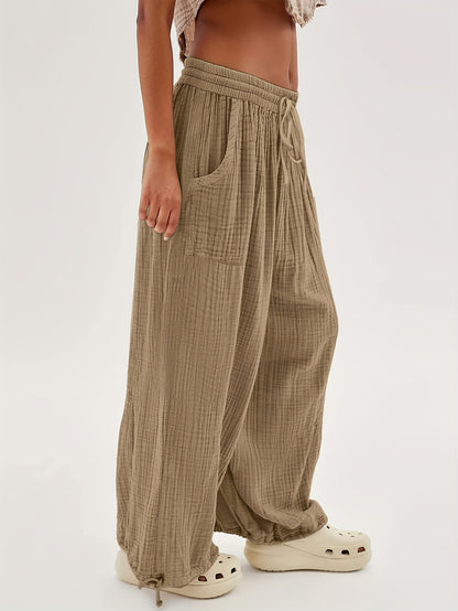 Spring And Summer Women's Casual Pants, Khaki, Pocket, Wide Leg, Tie, Loose, Daily Commuting Wide Leg Pants Womens Summer Clothes