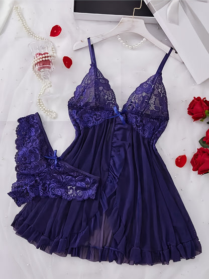 Big Size Sultry Valentine Lace Sleepwear Dress Set - Exquisite Lace, Flattering V-Neckline, Daring Backless Design, Delicate Ruffle Trim, Trendy Split Hem, Seductive Thong Detail, Ultra-Comfortable Fabric, Perfect for Romantic Night, Anniversary Gift