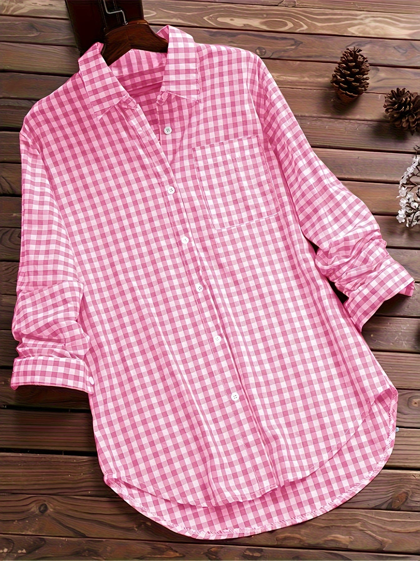 Plus Size - Plus Size - 2024 New Plaid Long Johns with Lapel Long Sleeve Vintage Shirt Buttons