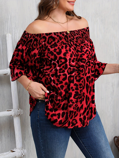 Women's Plus Size Leopard Print Off-Shoulder Blouse with Ruffled Sleeves - Vibrant Red Casual Chic Top, Machine Washable All-Season Shirt for Casual Attire, Relaxed Fit Shirt | Ruffled Sleeves Top | Nonstretch Fabric