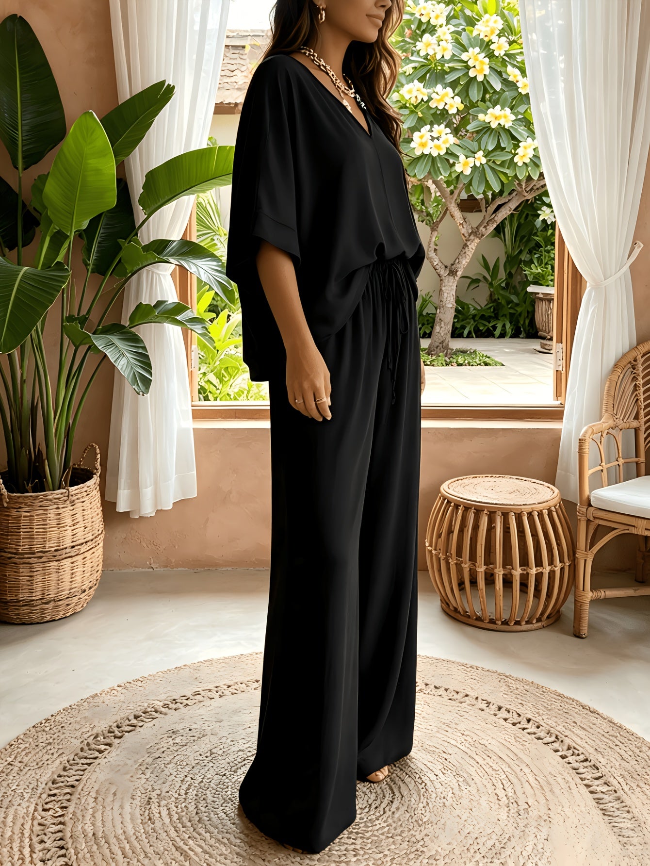 Women'S 2pcs V-Neck Wide Leg Pants Set - Boho Short Sleeve Loose Top & Drawstring Waist Outfit, Summer Beach Loungewear For Vacation, Perfect For Holiday And Daily Wear
