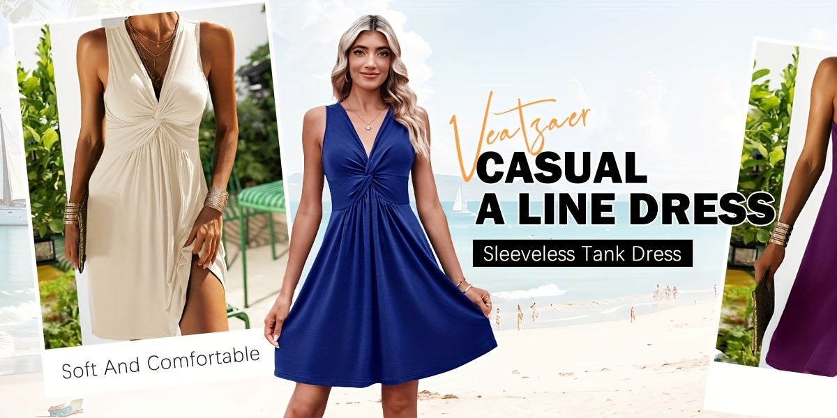 Women's Daily Summer V-Neck Sleeveless Tank Dress 2025 Casual Front Knot Detail Solid Color A-Line Sexy Dress