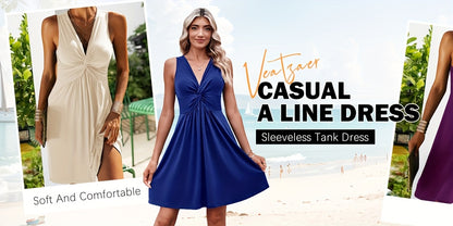 Women's Daily Summer V-Neck Sleeveless Tank Dress 2025 Casual Front Knot Detail Solid Color A-Line Sexy Dress