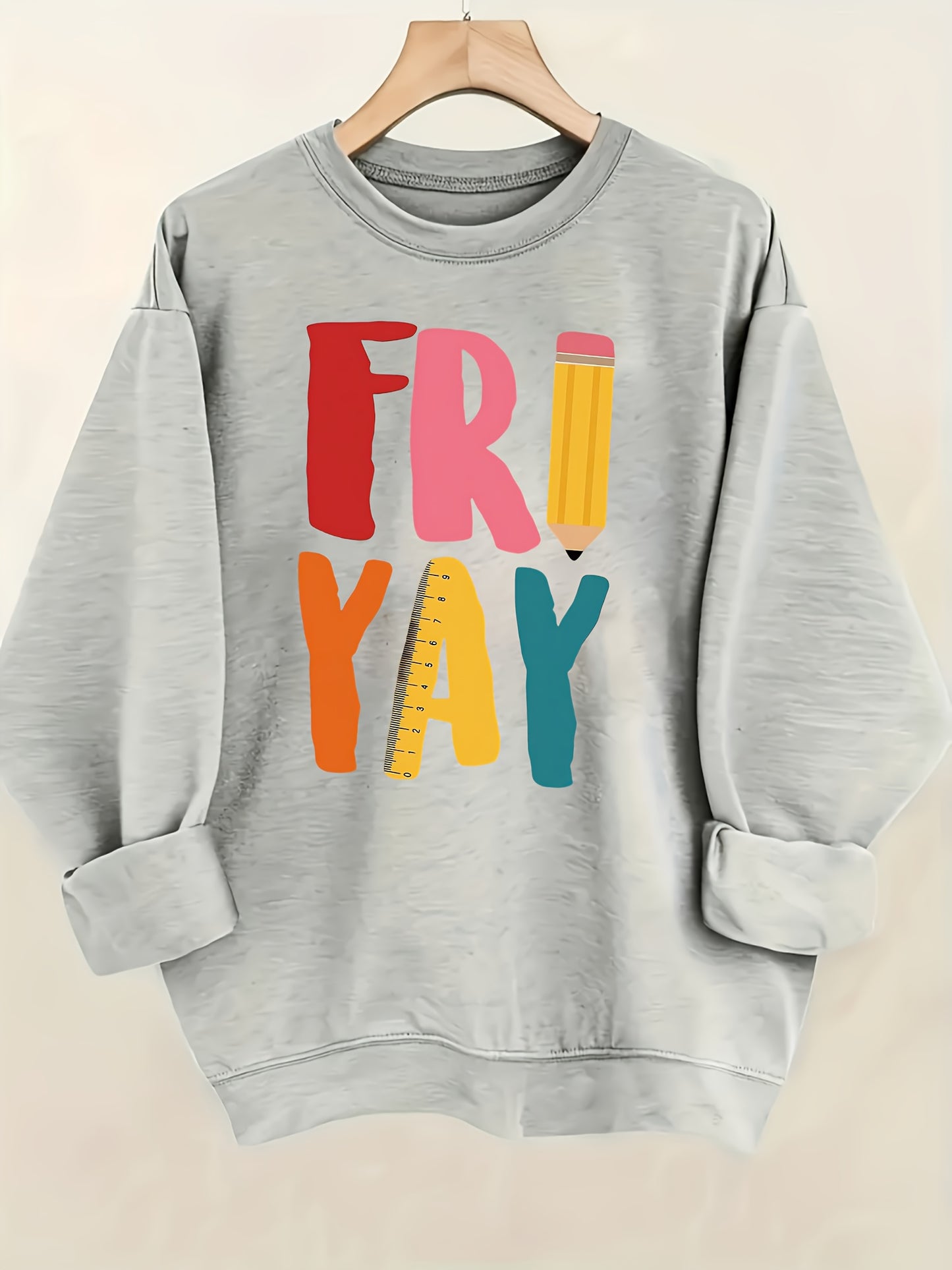 FRIYAY with Supply Themed Letters, Expressing Joy for Friday Pattern Print Women's Sweatshirt, Comfortable All Seasons, Machine Washable