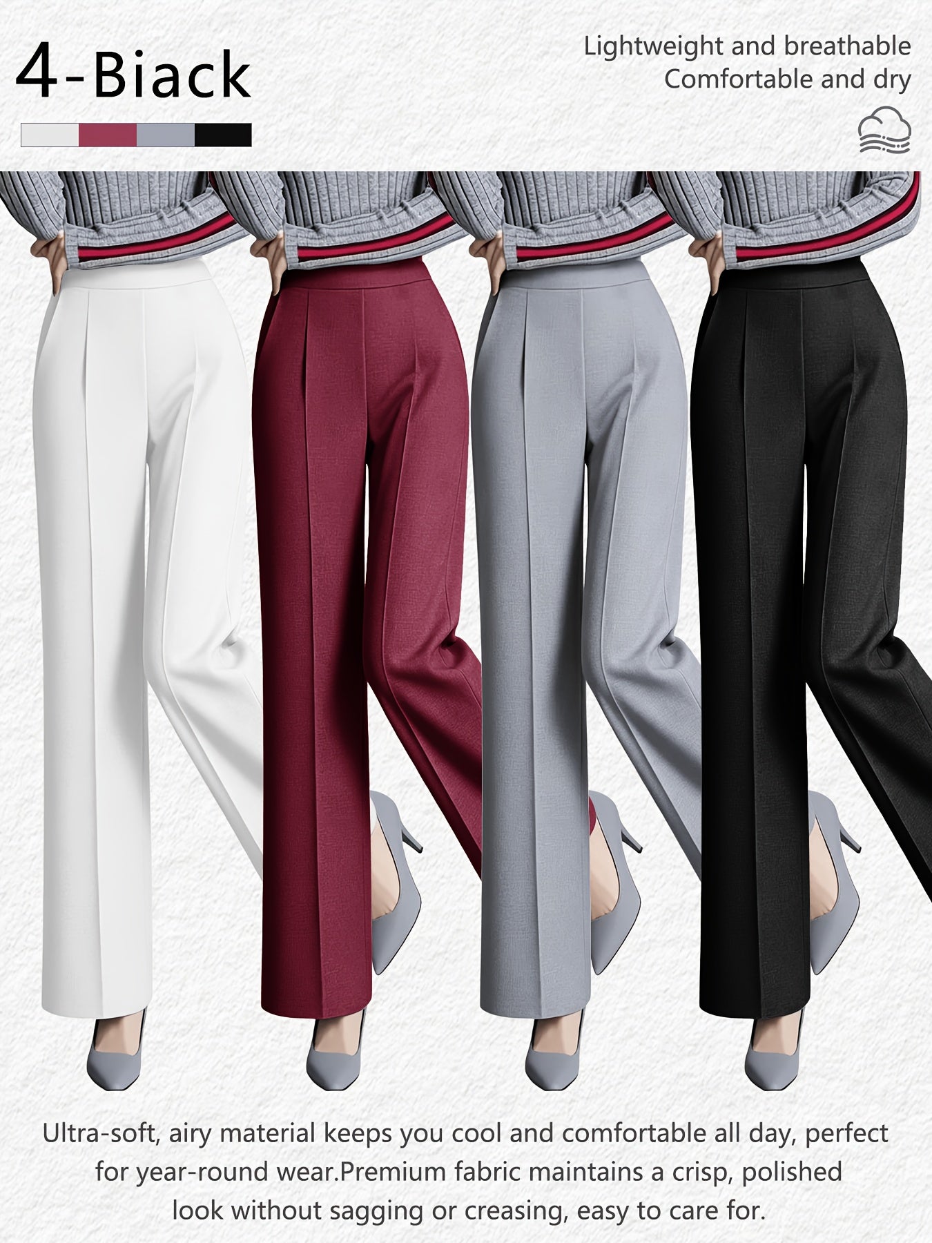 4 Pack, Dress Pants for Women Women'S High Waisted Wide Leg Business Casual Trousers with Pockets, Stretchy Comfortable Work Pants for Office, Commute, Daily Wear, Skin-Friendly Seamless Ladies Straight Leg Pa 4-Way Stretch Women'S Suit Pants