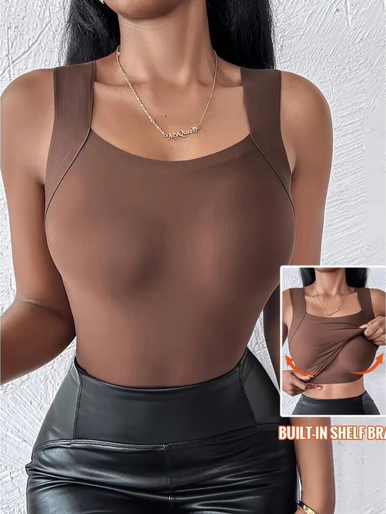 4pcs Women's Seamless Warm Tank Top with Built-in Bra- Slim-Fit Lifting, Skin-Friendly Base Layer, Sleeveless Wide Straps, Solid Black/Apricot/Brown, Smooth Washable Fabric, All-Season Layering for Daily Use