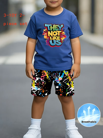 3-10Y Boys & Girls Children's Outfit Set: Trendy Letter T-Shirt + Colorful Breathable Shorts, Perfect for Outdoor