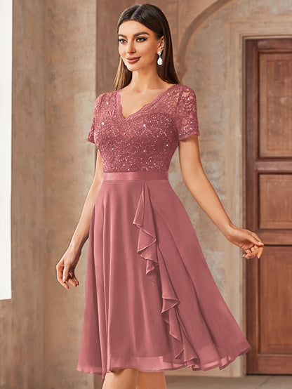 24224 Elegant Womens Sequin Lace Chiffon A Line Bridesmaid Dress, V Neck Short Sleeves, Ruched Ruffle Hem, Perfect for Graduation Season, Wedding Season, Summer Wedding Guest, Evening Party, Cruise Party And Birthday Celebration