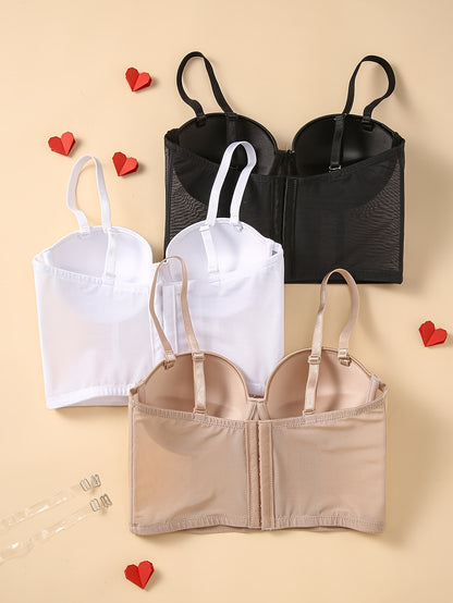 3pcs Women's Lace Push-Up Bras - Breathable, Anti-Sag, Comfort Fit with Adjustable Straps, Solid Color, Non-Removable Pads, Supportive Lingerie|Adjustable Bras|Nylon Lace Fabric