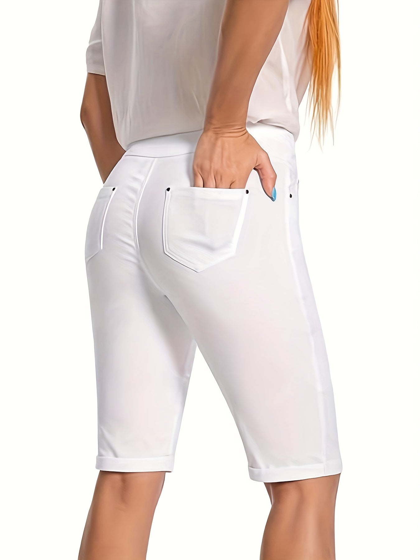 Women's Stretchy Pull On Bermuda Shorts High Waist Office to Vacation Pants, Non See Through Fabric, Machine Washable with 5 Pockets & Cuffed Hem for Everyday, Formal Events Elegant Casual All Season Shorts