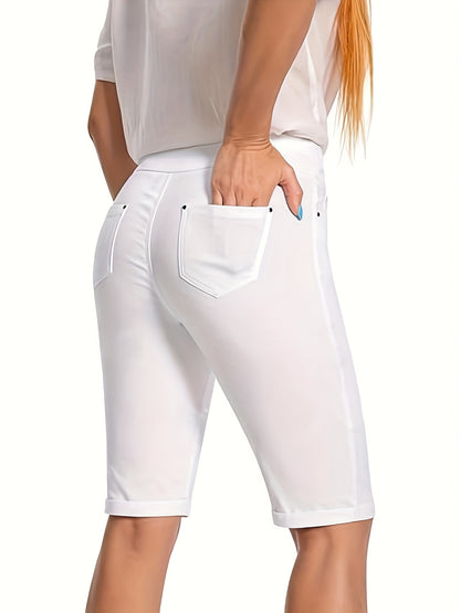 Women's Stretchy Pull On Bermuda Shorts High Waist Office to Vacation Pants, Non See Through Fabric, Machine Washable with 5 Pockets & Cuffed Hem for Everyday, Formal Events Elegant Casual All Season Shorts