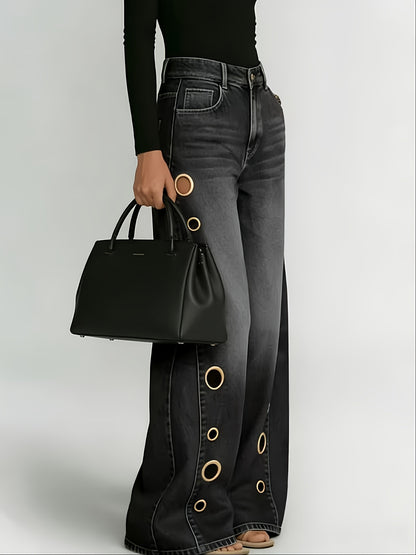 [Retro Denim Jeans] New Retro Style Denim Jeans for Women, With Metal Eyelets Designed for Casual And Loose Fit, High Waisted And Wide Leg Jeans, Street Cool Women's Clothing, Black Retro Blue Light Blue Women's Straight Leg Denim Pants