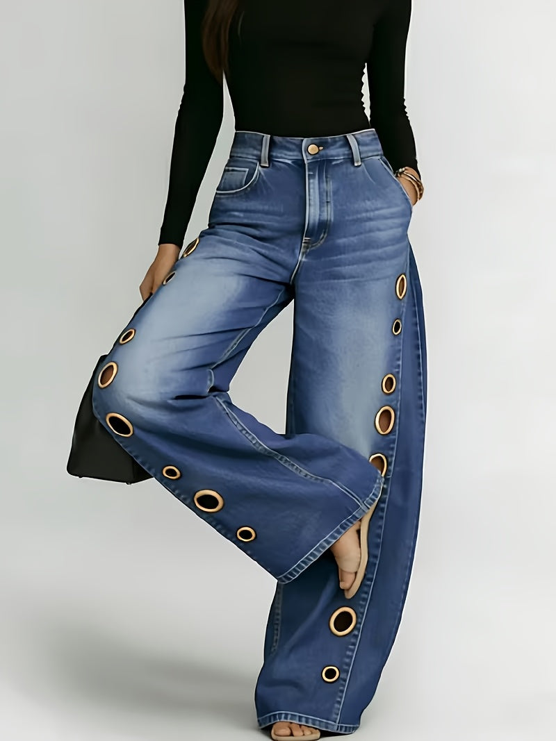 [Retro Denim Jeans] New Retro Style Denim Jeans for Women, With Metal Eyelets Designed for Casual And Loose Fit, High Waisted And Wide Leg Jeans, Street Cool Women's Clothing, Black Retro Blue Light Blue Women's Straight Leg Denim Pants