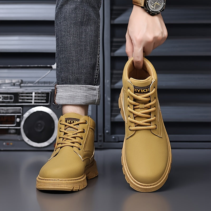 Men's Mid-Top Work Boots - Lace-Up Design, Durable Upper, Decorative Metal Accent, Non-Slip Lug Sole, Footwear for Work & Outdoor Activities