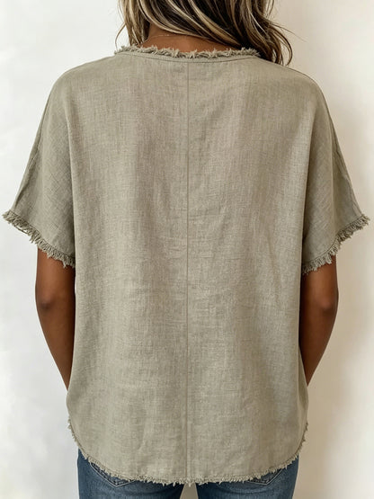 Spring/Summer 2026 New Round Neck Casual Fringed Panel Loose Short-Sleeved Top for Women