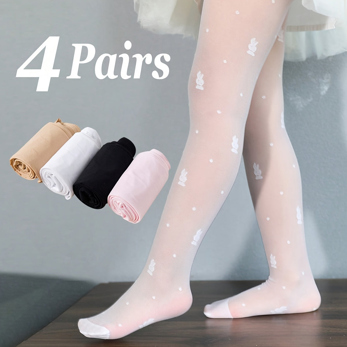 4 Pack Girls' Breathable Bunny Mesh Stockings - Soft Stretchy All-Season Wear, Hand Wash Only, Solid Color Design for Playdates & Everyday Outfits