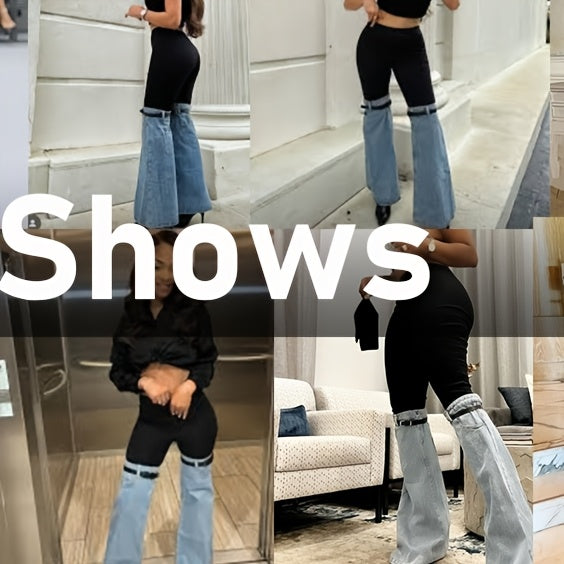 Women'S High Waist Two Tone Patchwork Flare Pants, Black Slim Fit Leggings with Light Wash Denim Bell Bottom Legs And Adjustable Buckle Strap Design for Y2K Streetwear, Perfect for Retro Streetwear Looks