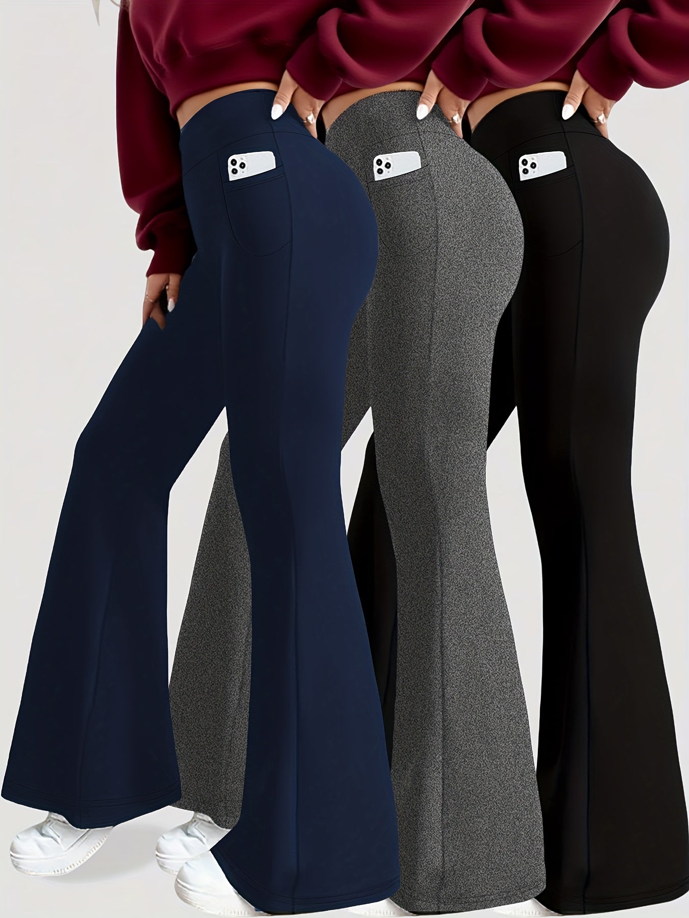 3 Pack Women's High Waisted Tummy Control Yoga Leggings - Super Soft Bootcut Flare Pants with Pockets, 4-Season Workout Capri/Capri-Length (Black/Grey/Navy) - All-Season Wear, Pencil-Slim Fit for Gym, Pilates & Everyday Use