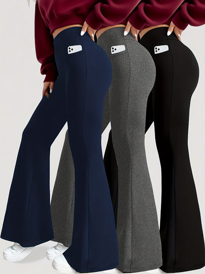 3 Pack Women's High Waisted Tummy Control Yoga Leggings - Super Soft Bootcut Flare Pants with Pockets, 4-Season Workout Capri/Capri-Length (Black/Grey/Navy) - All-Season Wear, Pencil-Slim Fit for Gym, Pilates & Everyday Use