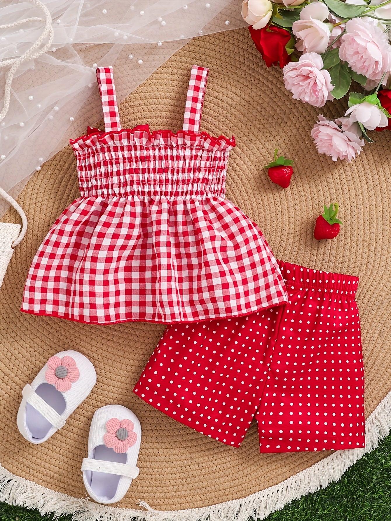 Set of 2 Girls' Outfits for Spring And Summer: a Gingham Dress with a Strawberry Print And Bow, Paired with Red Polka Dot Shorts. This Casual Set Is Machine Washable And Ideal for Toddlers, Featuring a Comfortable Spandex Design, for Outdoor