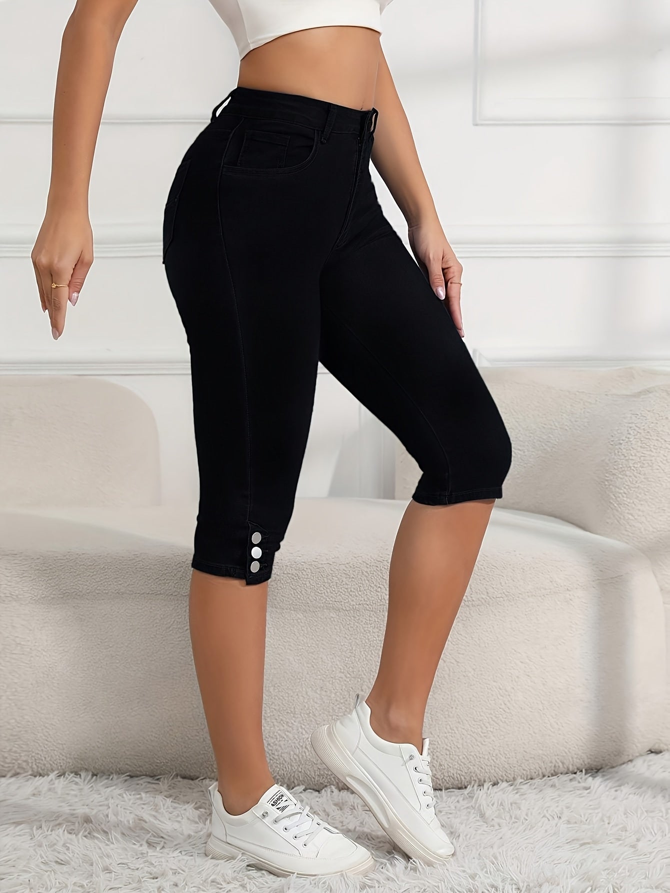 Women's Cropped Elastic Denim Mid Length Pants with Button Closure And Functional Pockets, Casual Style Cut Jeans, Comfortable for Daily Use