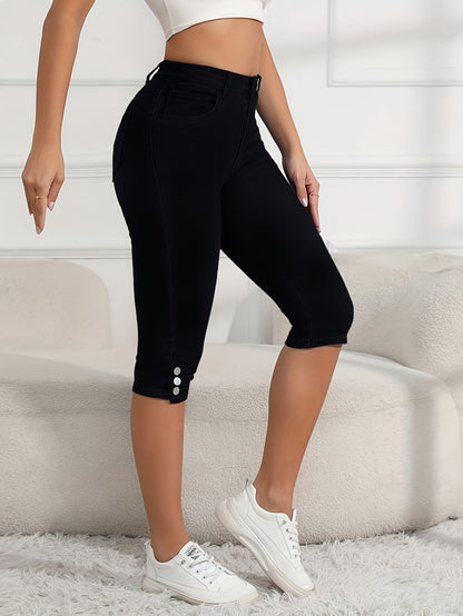 Women's Cropped Elastic Denim Mid Length Pants with Button Closure And Functional Pockets, Casual Style Cut Jeans, Comfortable for Daily Use