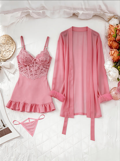[3pcs Sheer Lace Set] Women's Lingerie 3pcs Sheer Lace Babydoll Set With Robe And Panty See Through Trim Mesh Sleepwear Sexy Nightwear