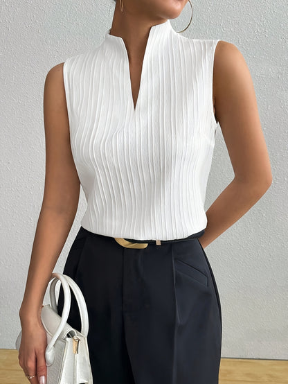 Ladies' Casual And Elegant Top, Solid Color V-neck Slim Fit And, Sleeveless Textured Short Sleeved T-shirt
