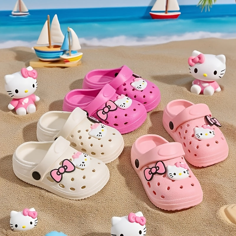 1 Pair Boys & Girls Sanrio Hollekitty KT Cat Slippers - Cute Thick-Soled Anti-Slip Sandals with Hollekitty & KT Cat Bow, Lightweight Indoor/Outdoor Beach Shoes for ( &) - Slip, Spring Summer Casual