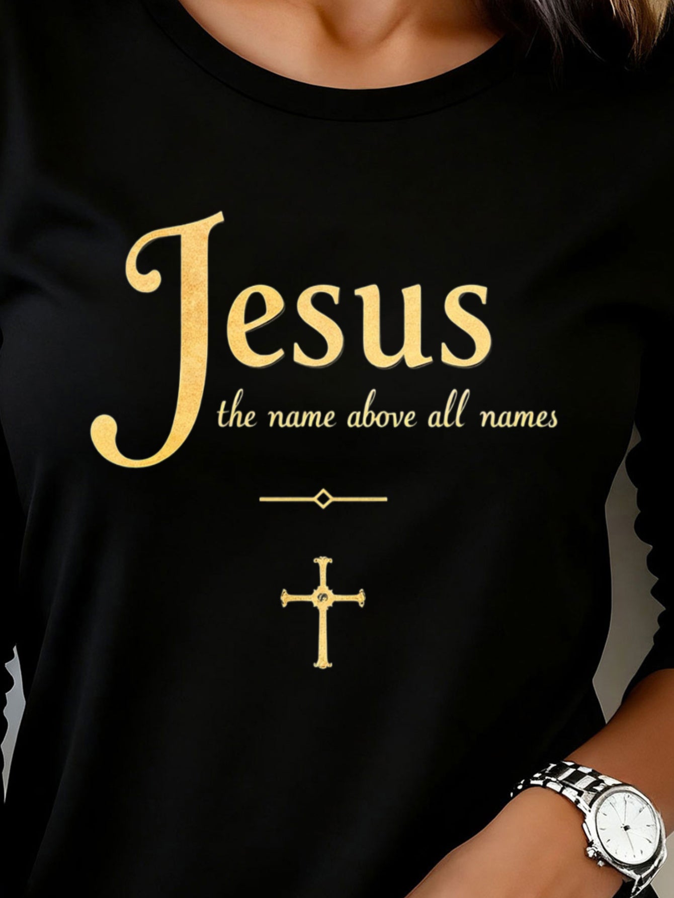 Woman T shirts 1pc Jesus The Name Above All Names Washable Comfortable Durable Easy Wear Casual Holiday Party Outfit Fashion 200g Heavyweight Long Sleeve T Shirt (100% Polyester)