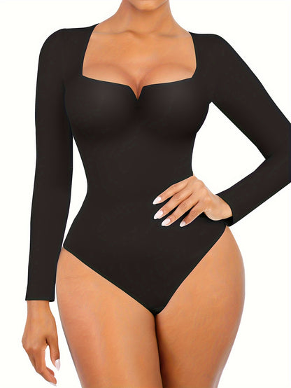 Women Autumn Winter Solid Color Shapewear Bodysuit, Tight Long Sleeve Bodysuit, Crew Neck Women Bodysuit
