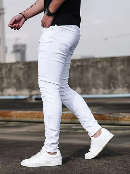 [HME] Men'S Casual Jeans, Fashionable Perforated Patch Style, Three-Dimensional Cut And Patchwork Design, Mid-Waist Elastic Slimming Skinny Pants, Suitable for All Seasons, Essential for Daily Casual Wear Men'S Denim Long Pants