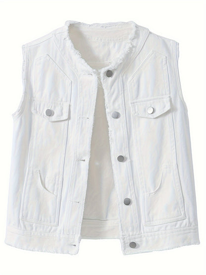 Women's Candy Color Sleeveless Denim Vest Button Jean Waistcoat Collarless Jacket Tassel Design Vest for Women