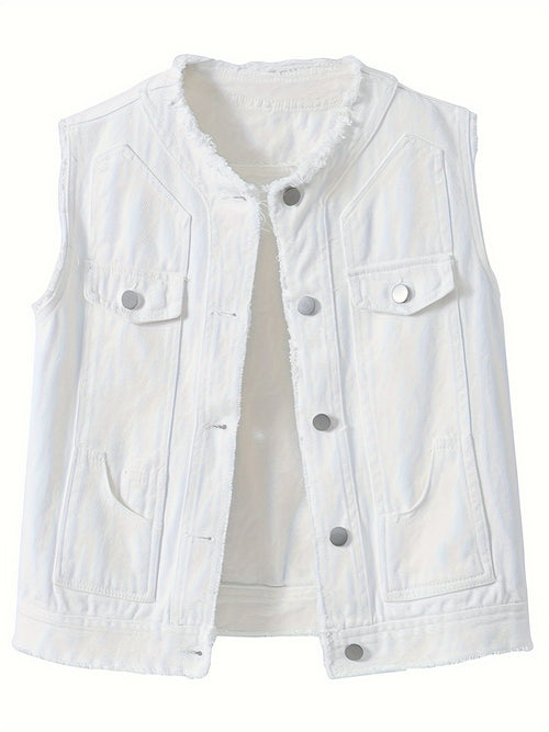 Women's Candy Color Sleeveless Denim Vest Button Jean Waistcoat Collarless Jacket Tassel Design Vest for Women