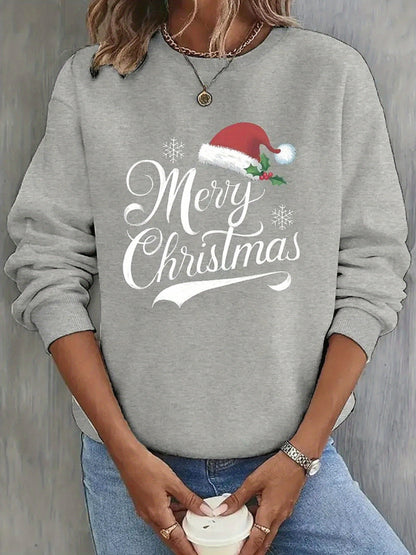 Christmas Themed Print Women'S Casual Crew Neck Sweater, Long Sleeve Pullover for Autumn/ Winter, Grey Sweatshir