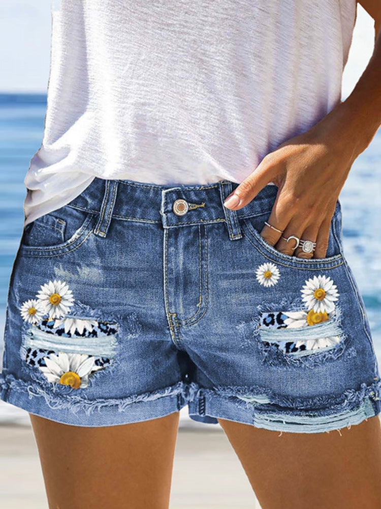 Womens Daisy Embroidered Distressed Denim Shorts Blue Leopard Print Patchwork Ripped Jean Shorts Mid Rise Frayed Hem Casual Summer Hot Pants for Beach Vacation Music Festival Boho Streetwear Chic Denim Cut Offs