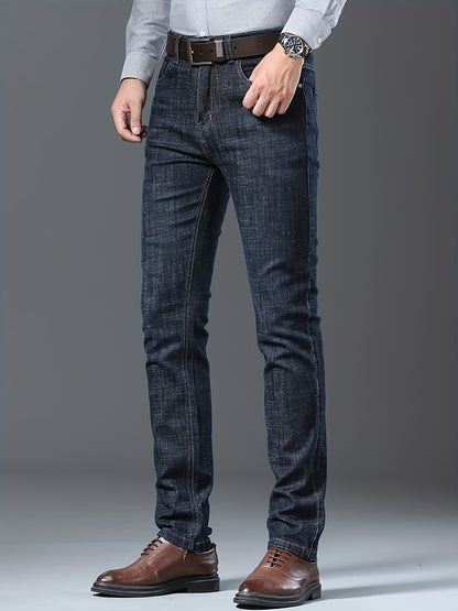 Men's High-Stretch Straight-Leg Business Casual Jeans - Premium Water-Washed Denim, Regular Fit Light Blue with Red Stitching, Autumn/Winter Formal & Casual Attire