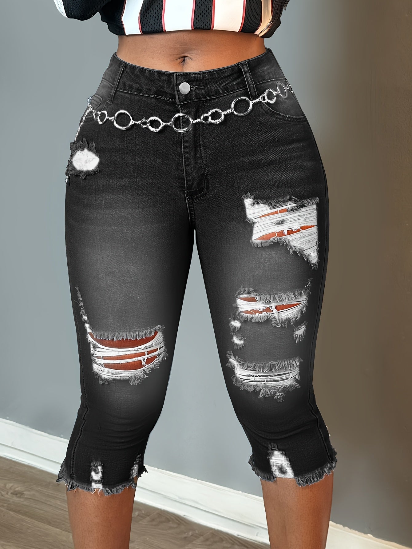Women Fashion Casual Ripped Capri Jeans Slim Fit Stretchy Denim Pants Classic Raw Hem Denim Three Quarter Pants