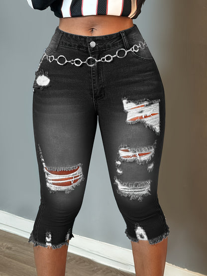 Women Fashion Casual Ripped Capri Jeans Slim Fit Stretchy Denim Pants Classic Raw Hem Denim Three Quarter Pants