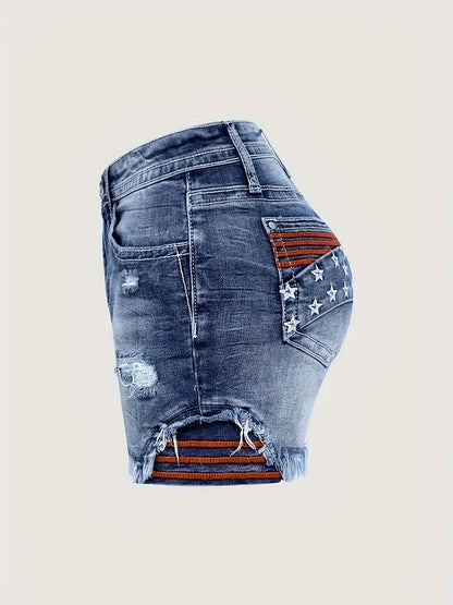 [HME]Flag- Fashionable Stretch Denim Shorts, A Must-have Item for Summer. Simple, Versatile, Fashionable And Elegant. Mid-to-high Waist Design for A Hip-lifting Effect. Two Colors to Choose From. Summer Women's Hot Pants