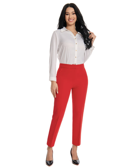 Women'S Mid Waisted Slim Fit Ankle Length Stretch Trousers Vibrant Red High Stretch Fabric with Pockets, Elegant Office Workwear & Evening Out Pants, Machine Washable All-Season Versatile Bottoms, Formal Attire Trousers, Easycare Trouser