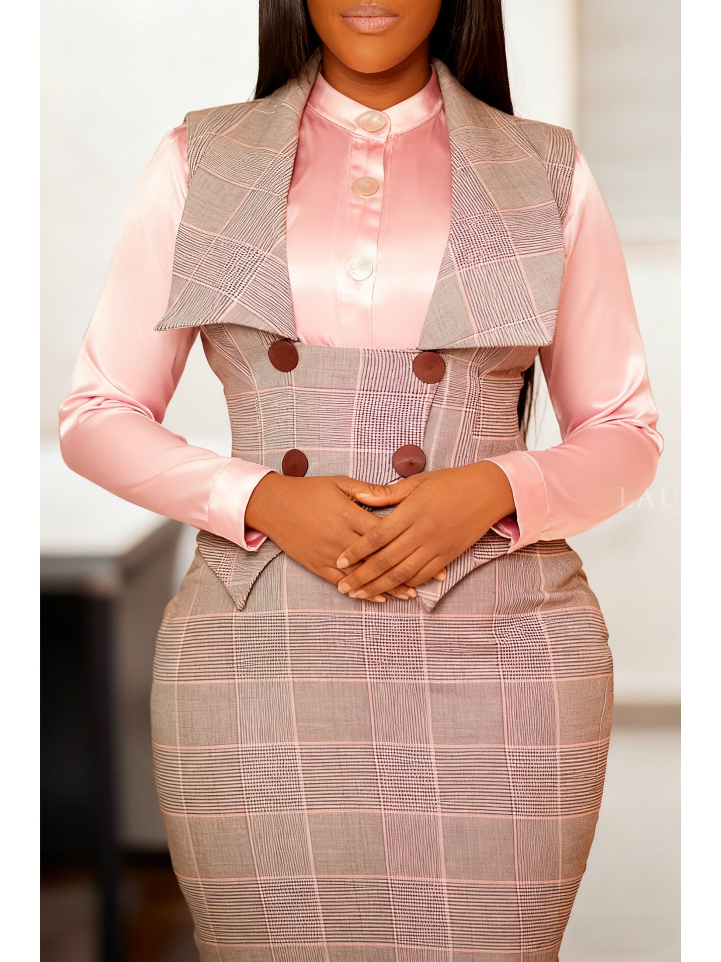 New Sexy Button Plaid Pencil Skirt Bodycon Skirt Set 2pcs Women's Seasonal Checkered Sleeveless Vest + High-Waisted Skirt Set | Intellectual Commuting Design, Creating A Professional Look, Suitable for Office Work And Business Meetings