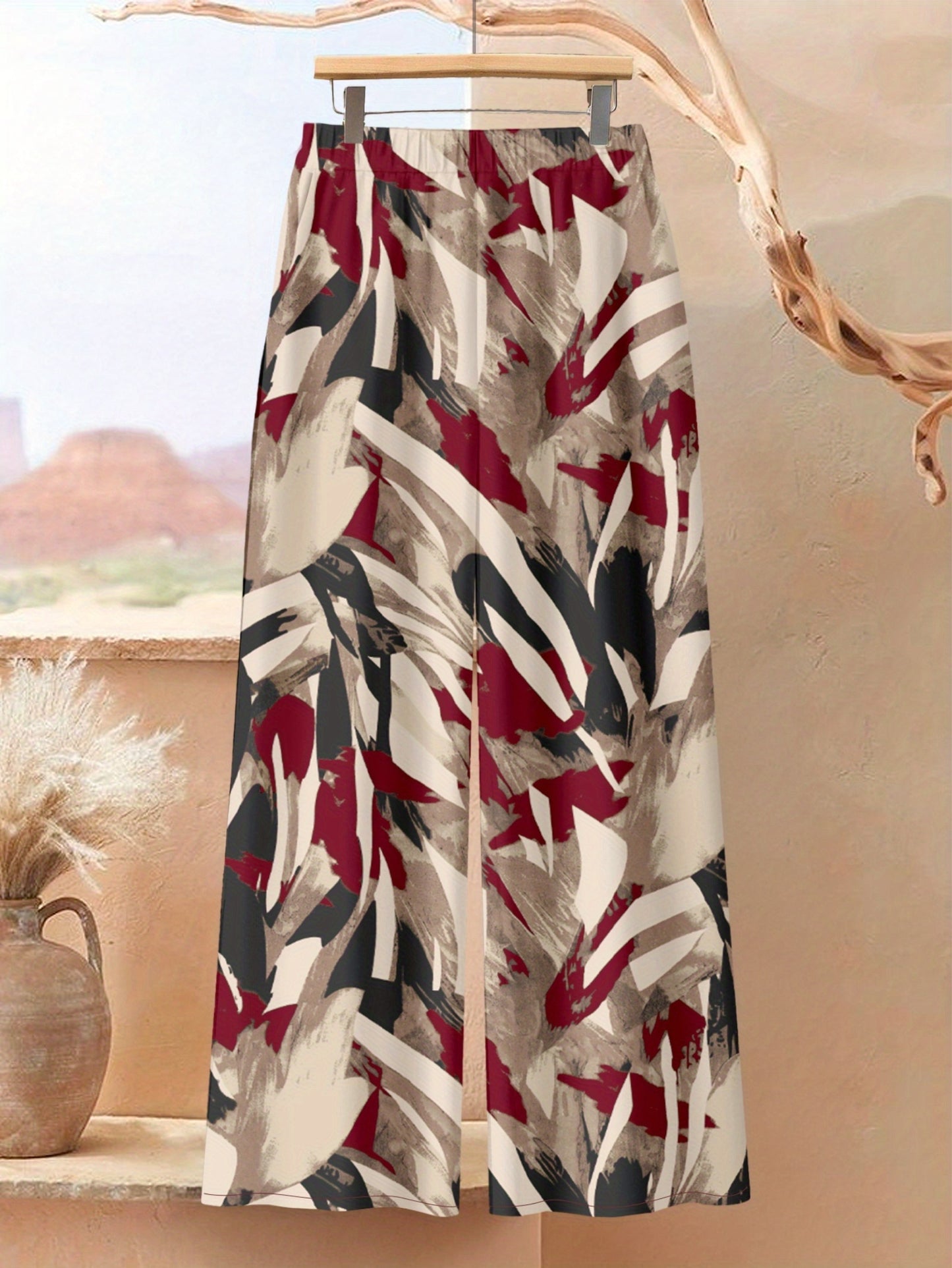 Plus Size, Plus Size - Plus Size - A Stylish 2pcs Outfit for Plus-Size Women Featuring an Asymmetrical Button-Up Top And Wide-Leg Pants with Artistic Prints, Perfect for Daily Elegance